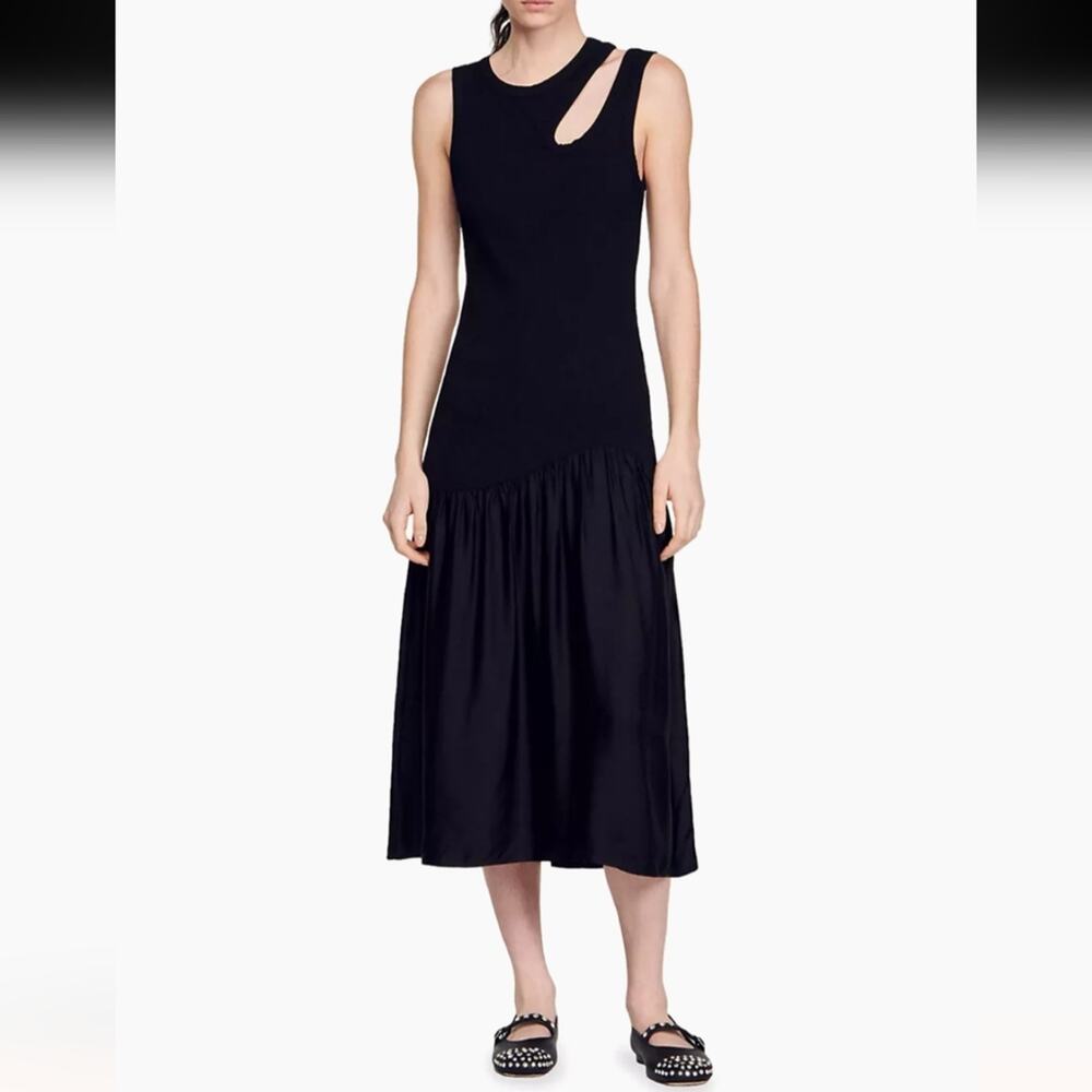 RTR sz 38 US 6 Sandro Dual-Material Midi Dress black silky sweater cut out